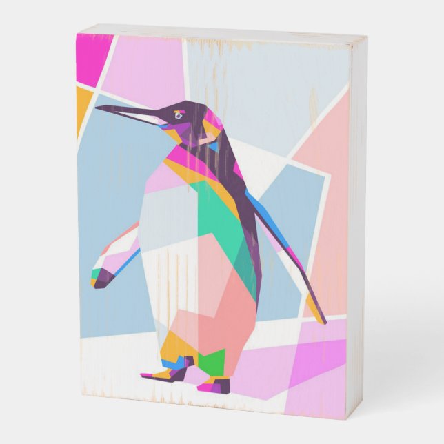 Penguin Color Geometric | Art Gift Wooden Box Sign (Angled Vertical)