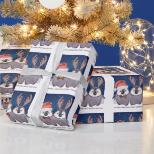 Penguin Couple Cute Christmas Santa and Reindeer Wrapping Paper