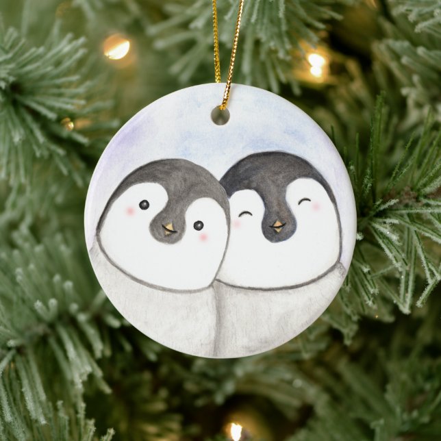 Penguin Couple First Christmas Together Custom Ceramic Ornament (Tree)