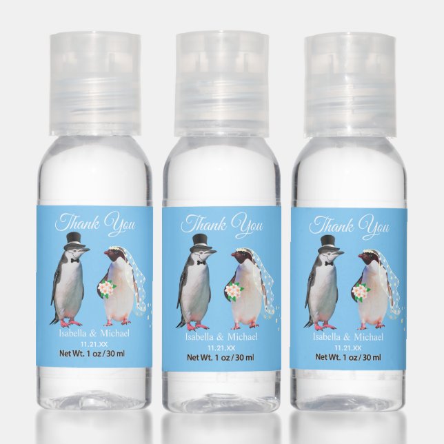 Penguin Couple & Flowers Thank You Wedding Favor Hand Sanitizer (Set)