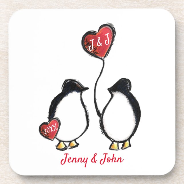 Penguin couple & heart balloon wedding beverage coaster (Front)