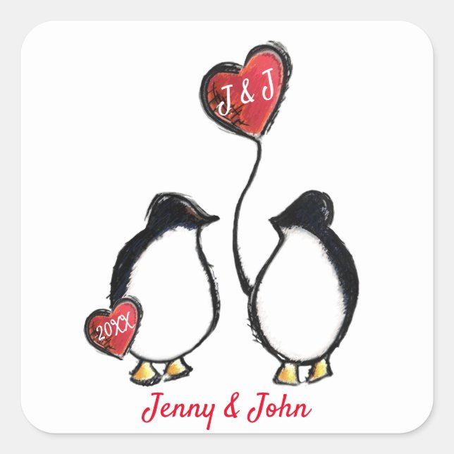 Penguin couple & heart balloon wedding square sticker (Front)