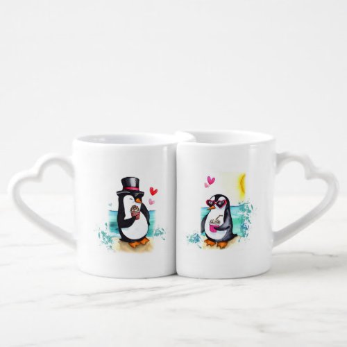 Penguin Couple in Love Coffee Mug Set