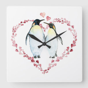 Penguin Couple in Love Heart Wreath Square Wall Clock