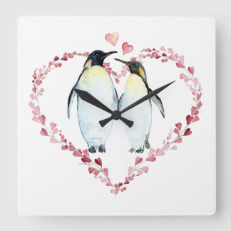 Penguin Couple in Love Heart Wreath Square Wall Clock