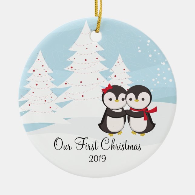 Penguin Couple Love Cute First Christmas Ornament (Front)