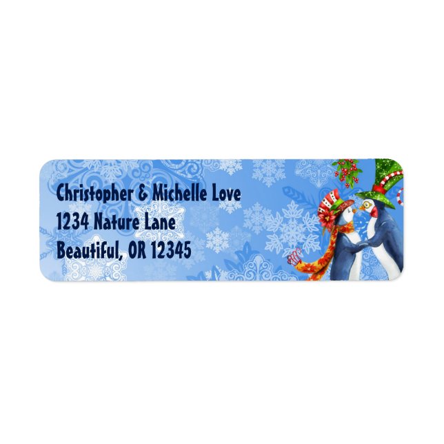 Penguin Couple, Mistletoe, Snowflakes Address Label (Front)
