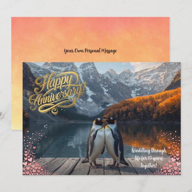 Penguin Couple Scenic Personalized Anniversary Card (Front/Back)