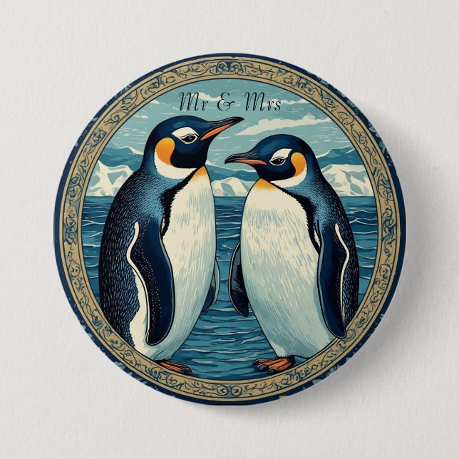 Penguin Couple Winter Snow Blue Ocean Ice Glacier  Button (Front)