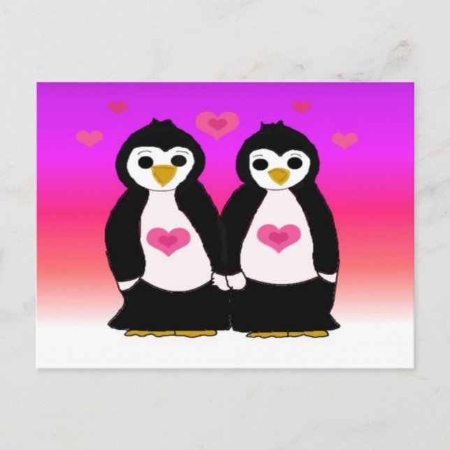 Penguin Couple with Hearts Postcard (Front)
