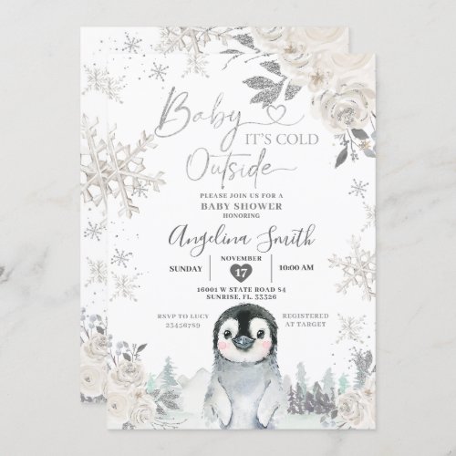 Penguin Creamy White Snowflake Floral Baby Shower Invitation