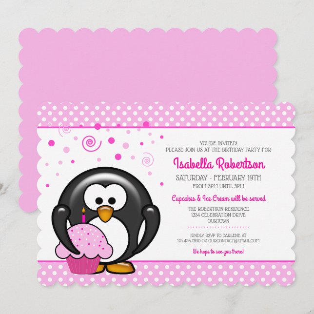 Penguin Cupcake Birthday Party Invitations (Front/Back)