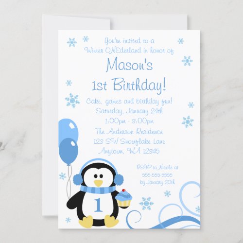 Penguin Cupcake Swirls Winter Onederland Blue Invitation