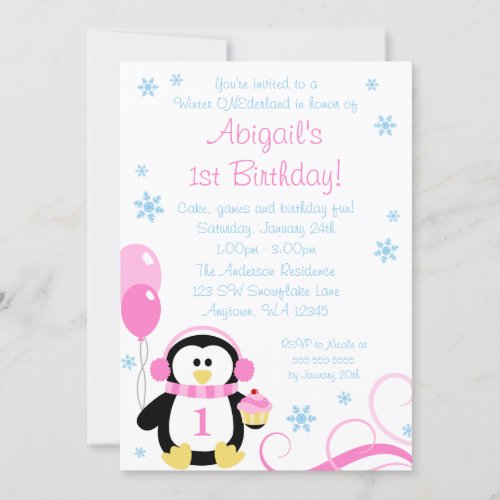 Penguin Cupcake Swirls Winter Onederland Pink Blue Invitation