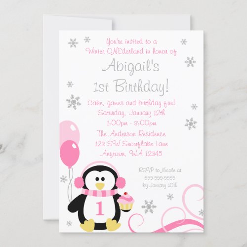 Penguin Cupcake Swirls Winter Onederland Pink Gray Personalized Invitation