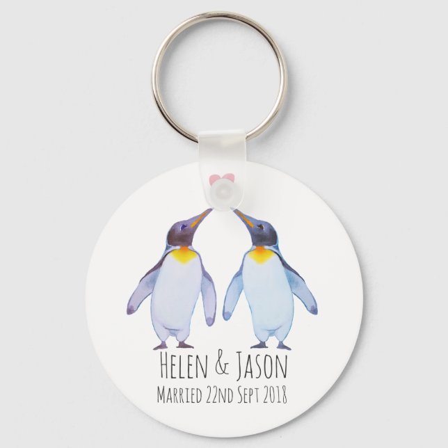 Penguin Custom Names Wedding Couple Gift Key Chain (Front)