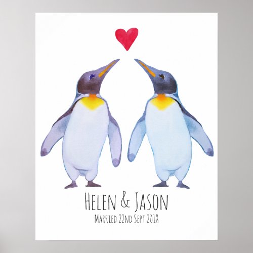 Penguin Custom Names Wedding Couple Wall Art