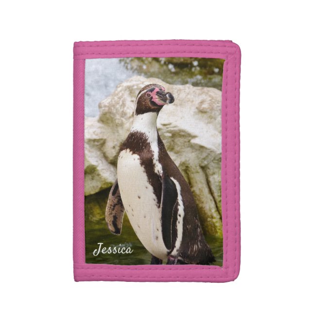 Penguin Cute Animal Photo Personalized Name Trifold Wallet (Front Vertical)