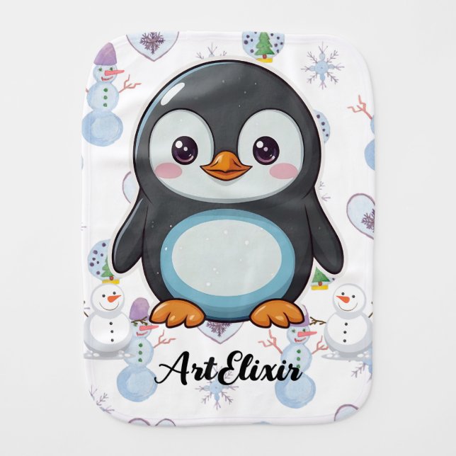 Penguin Cute Kawaii Baby Print Baby Burp Cloth (Front)