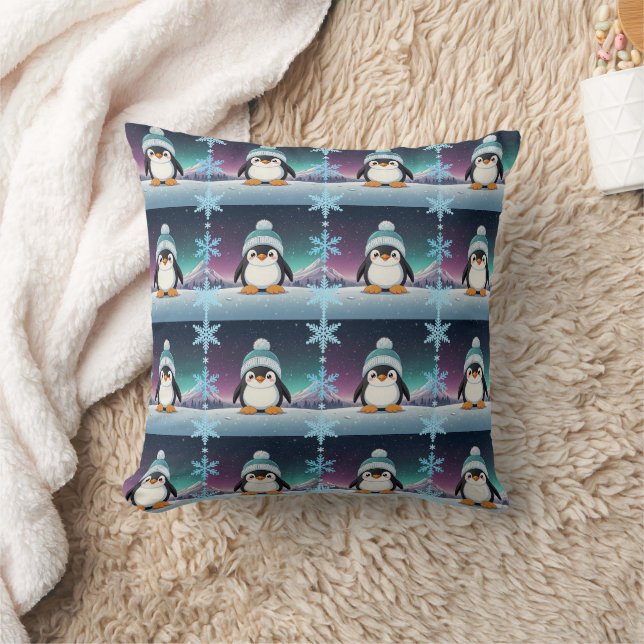 Penguin Cute Kawaii Blue Cap Pattern Throw Pillow (Blanket)