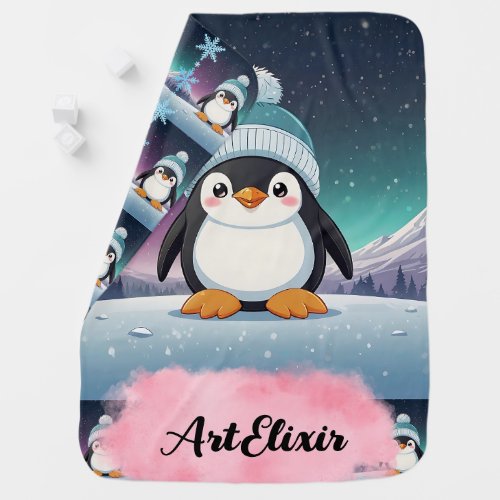 Penguin Cute Kawaii Blue Cap Print Baby Blanket