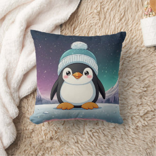 Penguin Cute Kawaii Blue Cap Print Throw Pillow