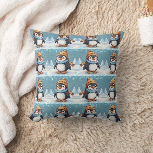 Penguin Cute Kawaii Brown Cap Pattern Throw Pillow
