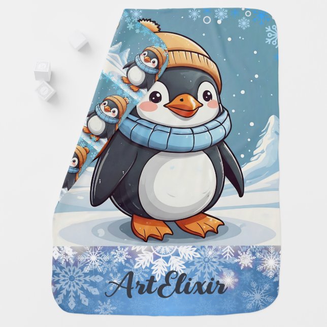 Penguin Cute Kawaii Brown Cap Print Baby Blanket (In Situ)