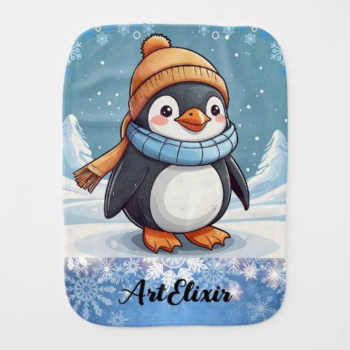 Penguin Cute Kawaii Brown Cap Print  Baby Burp Cloth