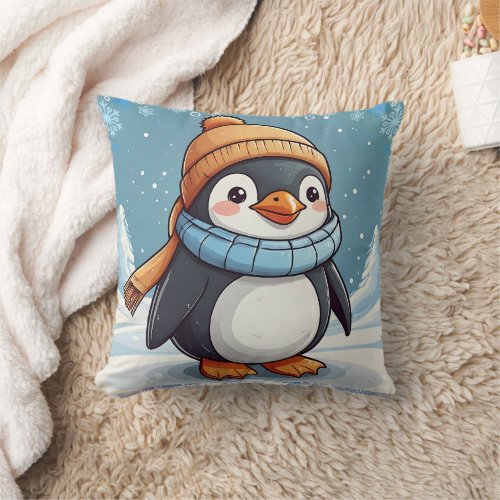 Penguin Cute Kawaii Brown Cap Print  Throw Pillow
