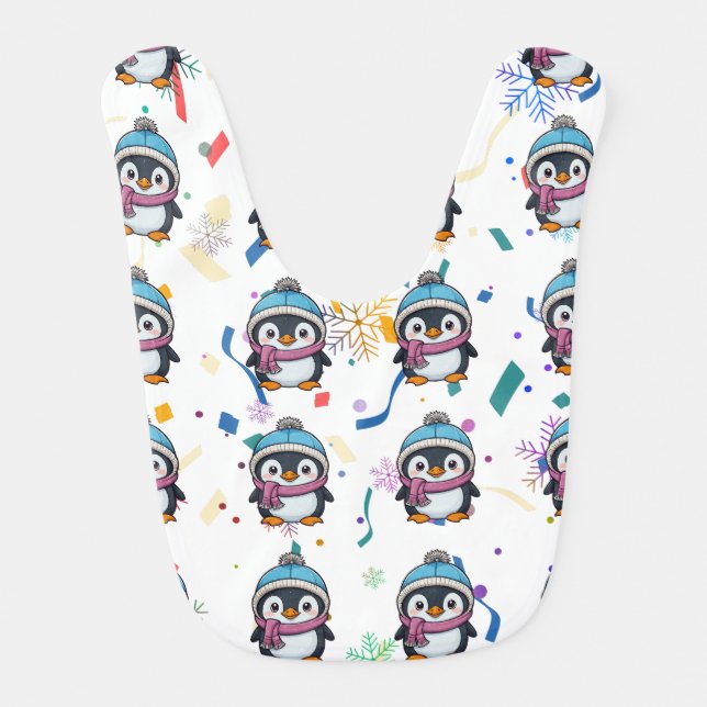 Penguin Cute Kawaii Purple Scarf Print  Baby Bib (Front)