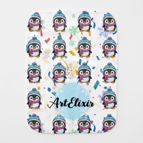 Penguin Cute Kawaii Purple Scarf Print  Baby Burp Cloth