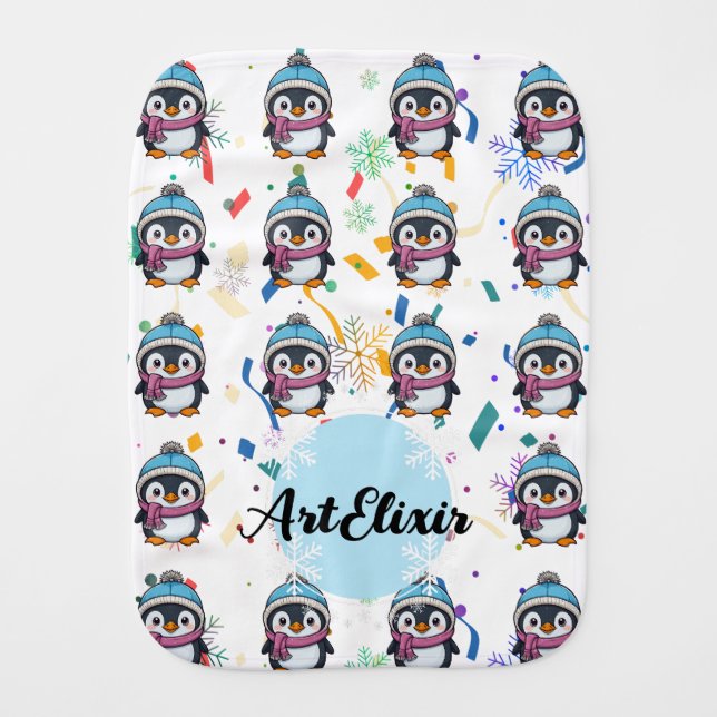 Penguin Cute Kawaii Purple Scarf Print  Baby Burp Cloth (Front)