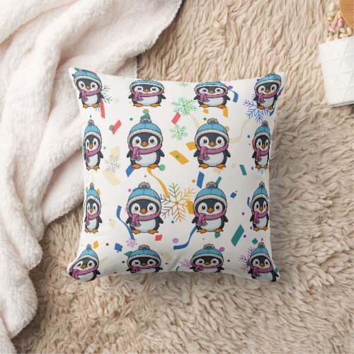 Penguin Cute Kawaii Purple Scarf Print  Throw Pillow