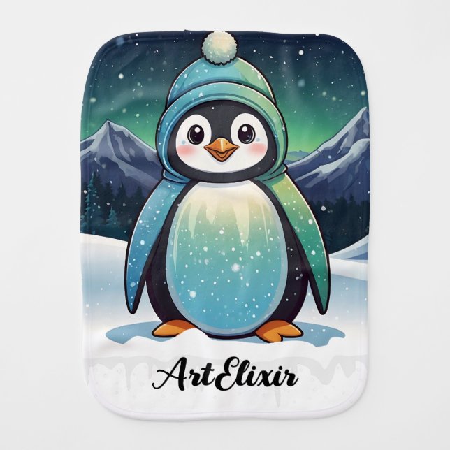 Penguin Cute Kawaii Stary Background Print Baby Burp Cloth (Front)