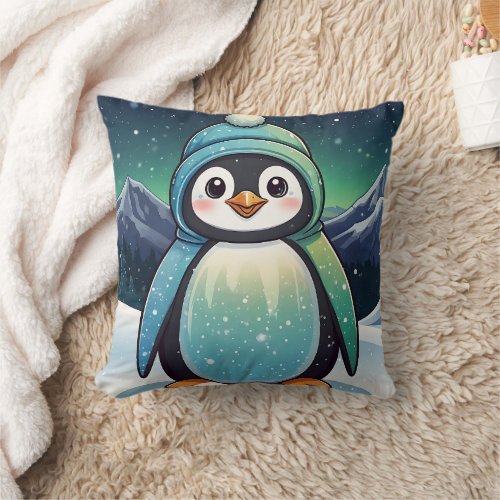 Penguin Cute Kawaii Stary Background Print  Throw Pillow