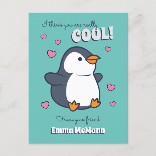 Penguin Cute Kids Valentine Postcard Cartoon