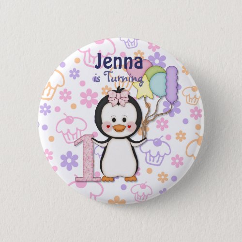 Penguin Cutie_ Girl First Birthday Button