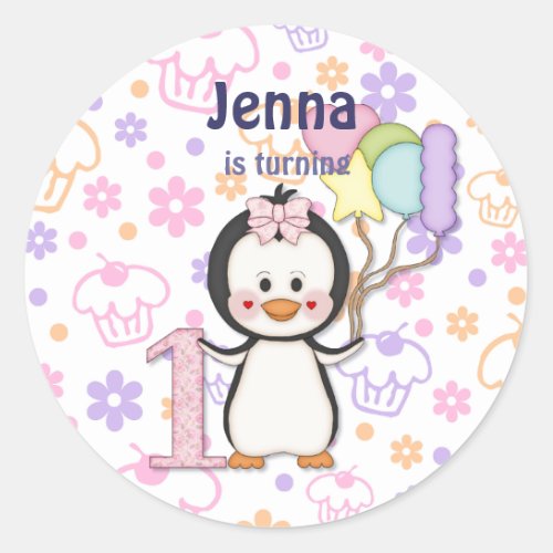 Penguin Cutie_ Girl First Birthday Classic Round Sticker