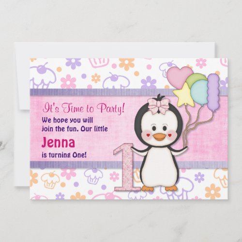 Penguin Cutie_ Girl First Birthday Invitation