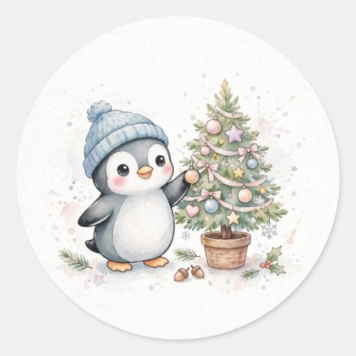Penguin Decorating Christmas Tree Classic Round Sticker