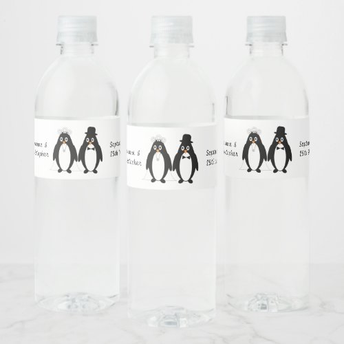 Penguin Design Wedding Water Bottle Label