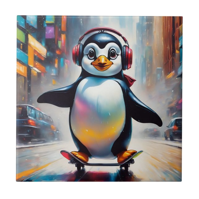 Penguin Digital Art Painting Cool Ceramic Tile (Front)
