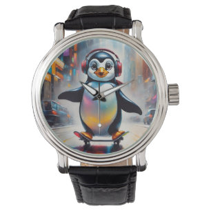 Penguin Digital Art Painting Cool Watch