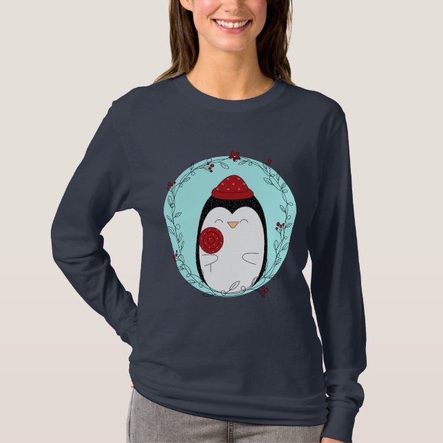 Penguin Doodle Blue Background T-Shirt (Front)