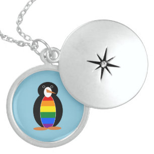 Penguin Dressed in the Gay Pride Rainbow Flag Sterling Silver Necklace