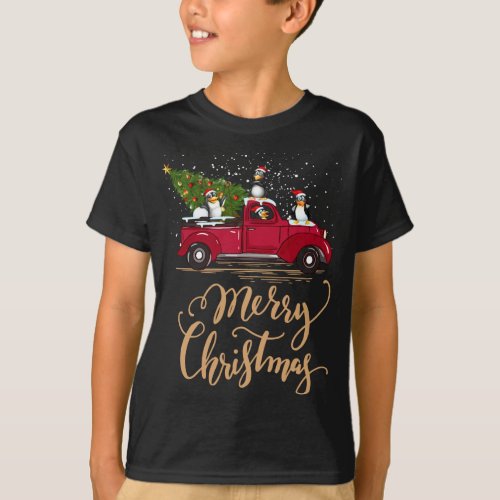 Penguin Driving Christmas Tree Red Truck Penguin C T_Shirt