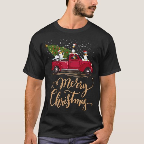 Penguin Driving Christmas Tree Red Truck Penguin C T_Shirt