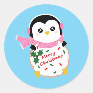 Penguin Eating Merry Christmas Cookie Stickers