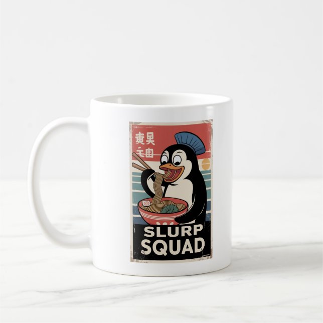 Penguin Eating Ramen Funny Slurp Squad Coffee Mug (Left)